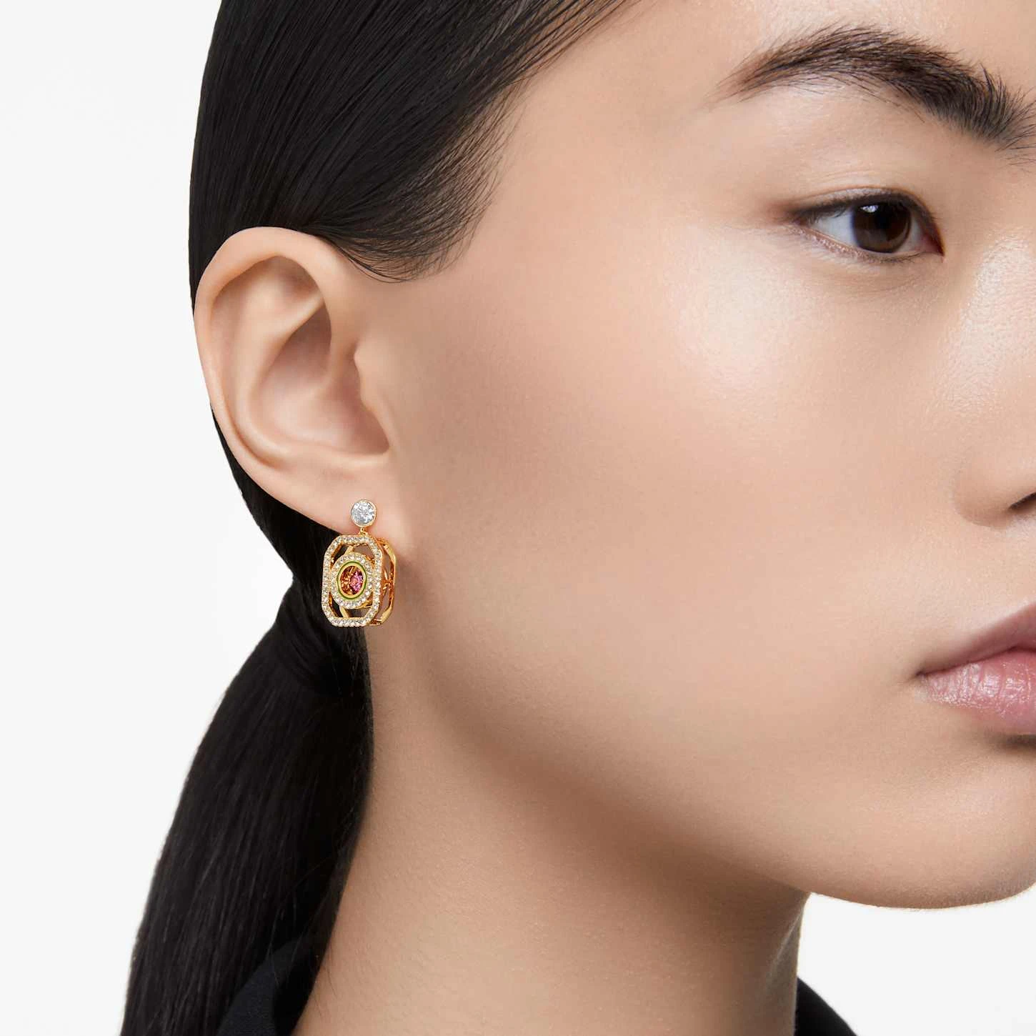 Swarovski Alea Drop Earrings Asymmetrical Design, Multicolored, Gold-tone Plated 3 Swarovski Alea Drop Earrings Asymmetrical Design, Multicolored, Gold-tone Plated