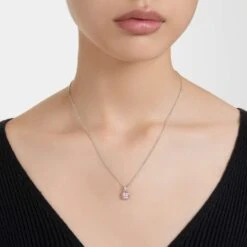 Swarovski Birthstone Pendant Square Cut, June, Pink, Rhodium Plated