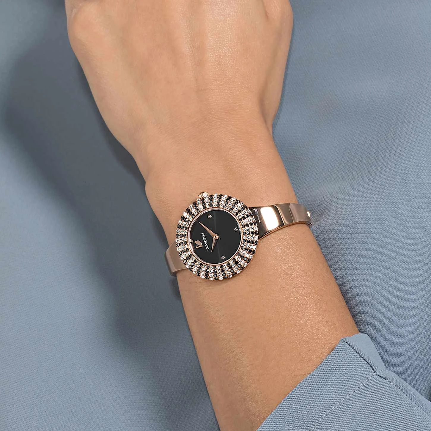 Swarovski Crystal Rose Watch Swiss Made, Metal Bracelet, Black, Rose Gold-tone Finish 3 Swarovski Crystal Rose Watch Swiss Made, Metal Bracelet, Black, Rose Gold-tone Finish