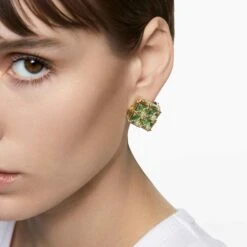 Swarovski Curiosa Stud Earring Single, Square Cut, Green, Gold-tone Plated