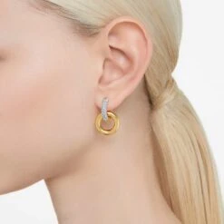 Swarovski Dextera Hoop Earrings Asymmetrical Design, Interlocking Loop, White, Gold-tone Plated -Jewelry Store dextera hoop earrings asymmetrical design interlocking loop white gold tone plated swarovski 5668818 5