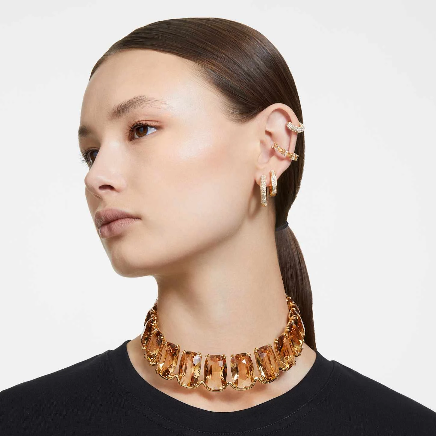 Swarovski Dextera Hoop Earrings Octagon Shape, Small, White, Gold-tone Plated 6 Swarovski Dextera Hoop Earrings Octagon Shape, Small, White, Gold-tone Plated - Image 4