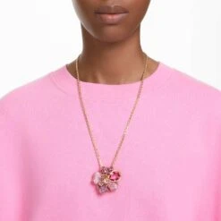 Swarovski Florere Pendant And Brooch Pavé, Flower, Pink, Gold-tone Plated