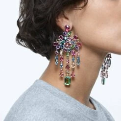 Swarovski Gema Clip Earrings Mixed Cuts, Chandelier, Extra Long, Multicolored, Rhodium Plated