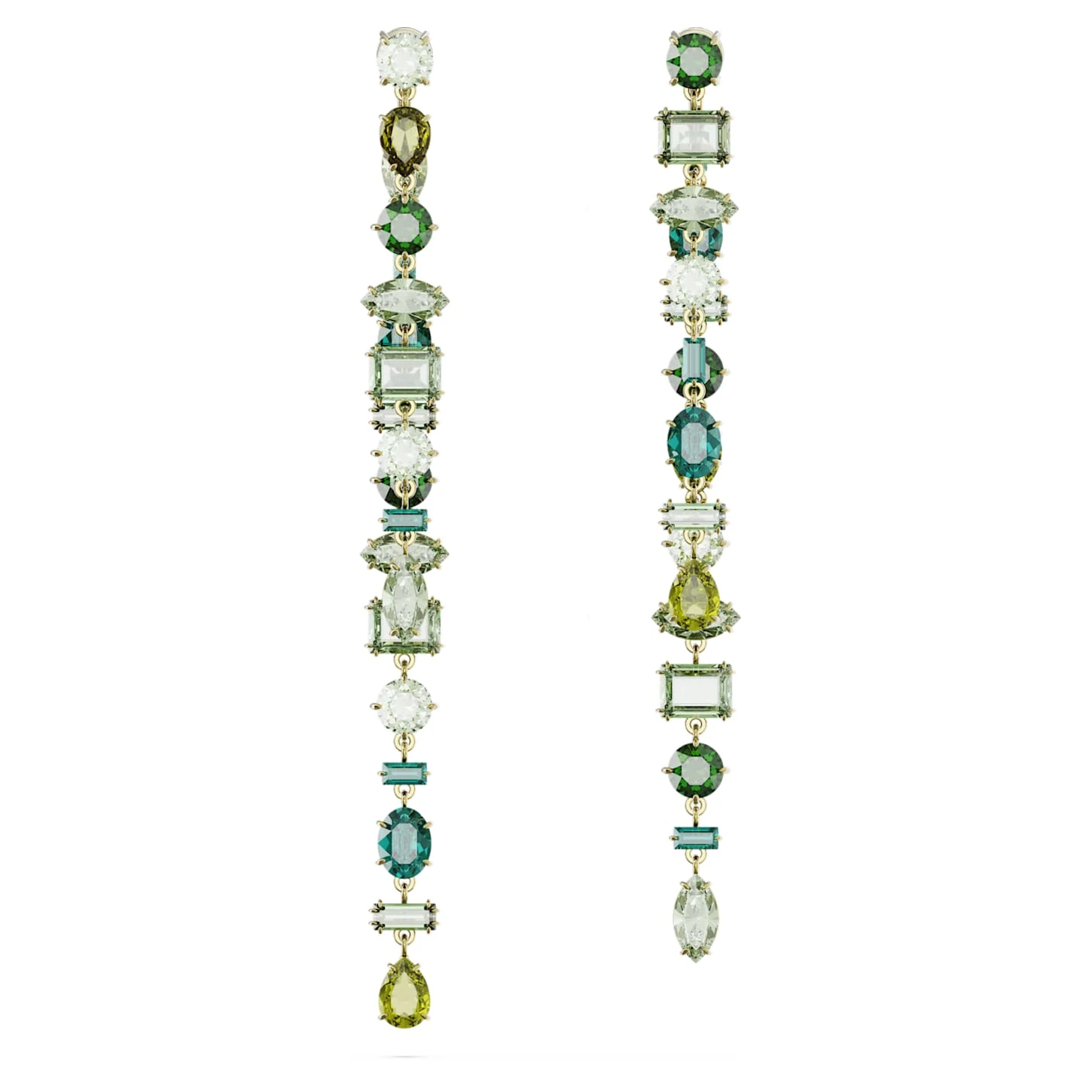 Swarovski Gema Drop Earrings Asymmetrical Design, Mixed Cuts, Extra Long, Green, Gold-tone Plated 5 Swarovski Gema Drop Earrings Asymmetrical Design, Mixed Cuts, Extra Long, Green, Gold-tone Plated - Image 3
