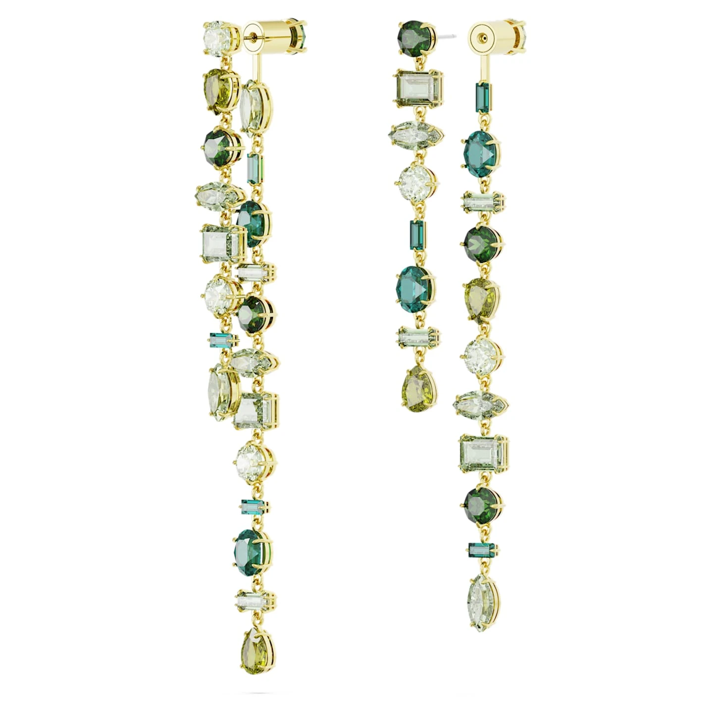 Swarovski Gema Drop Earrings Asymmetrical Design, Mixed Cuts, Extra Long, Green, Gold-tone Plated 6 Swarovski Gema Drop Earrings Asymmetrical Design, Mixed Cuts, Extra Long, Green, Gold-tone Plated - Image 4