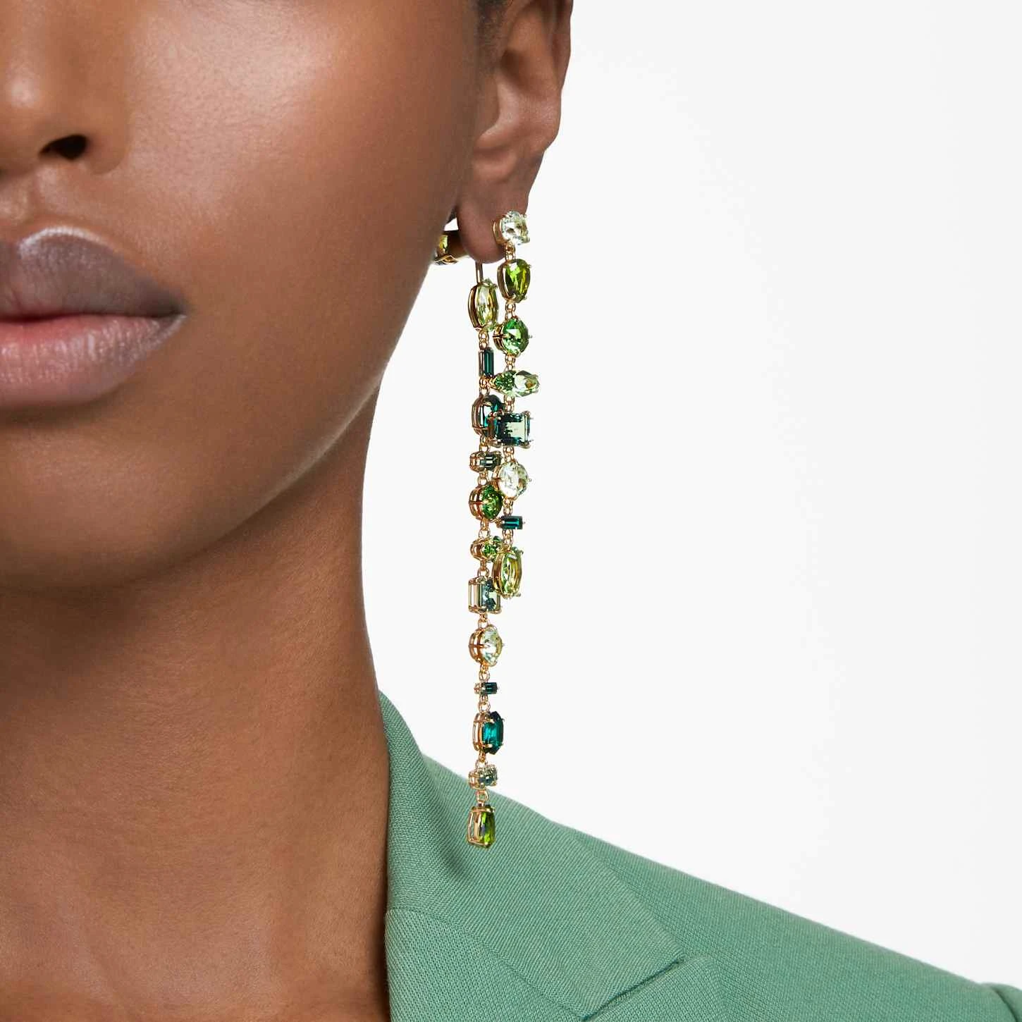 Swarovski Gema Drop Earrings Asymmetrical Design, Mixed Cuts, Extra Long, Green, Gold-tone Plated 3 Swarovski Gema Drop Earrings Asymmetrical Design, Mixed Cuts, Extra Long, Green, Gold-tone Plated