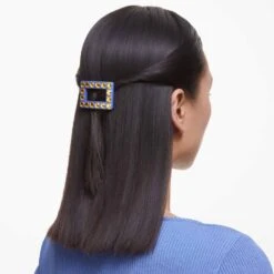 Swarovski Hair Clip Round Cut, Rectangular Shape, Blue, Gold-tone Plated