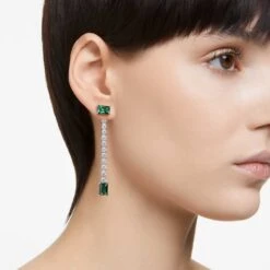 Swarovski Matrix Drop Earrings Mixed Cuts, Green, Rhodium Plated