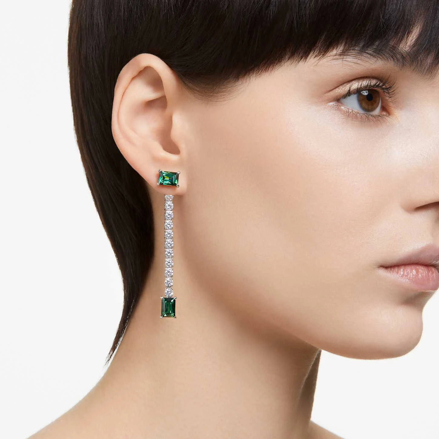Swarovski Matrix Drop Earrings Mixed Cuts, Green, Rhodium Plated 3 Swarovski Matrix Drop Earrings Mixed Cuts, Green, Rhodium Plated