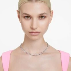 Swarovski Matrix Tennis Necklace Mixed Cuts, Pink, Rhodium Plated