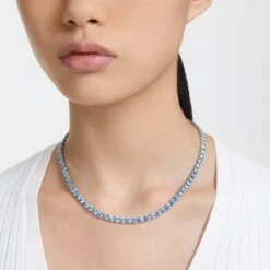 Swarovski Matrix Tennis Necklace Round Cut, Medium, Blue, Rhodium Plated