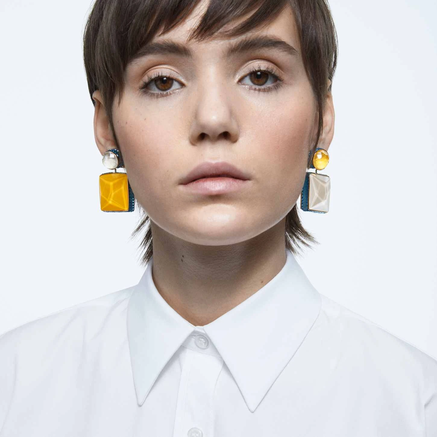 Swarovski Orbita Clip Earrings Asymmetrical Design, Square Cut, Multicolored, Gold-tone Plated 3 Swarovski Orbita Clip Earrings Asymmetrical Design, Square Cut, Multicolored, Gold-tone Plated