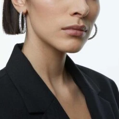 Swarovski Ortyx Hoop Earrings Triangle Cut, White, Rhodium Plated -Jewelry Store ortyx hoop earrings triangle cut white rhodium plated swarovski 5632466 3