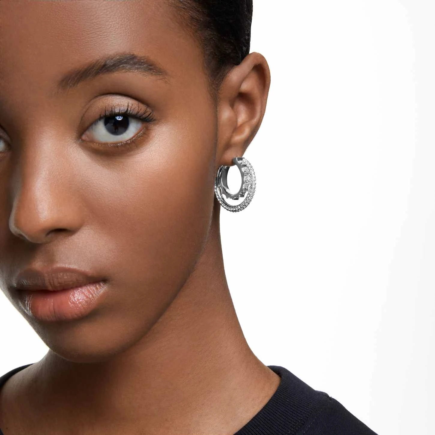 Swarovski Rota Hoop Earrings Mixed Cuts, White, Rhodium Plated 3 Swarovski Rota Hoop Earrings Mixed Cuts, White, Rhodium Plated