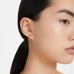 Swarovski Stilla Stud Earrings Cushion Cut, Orange, Gold-tone Plated