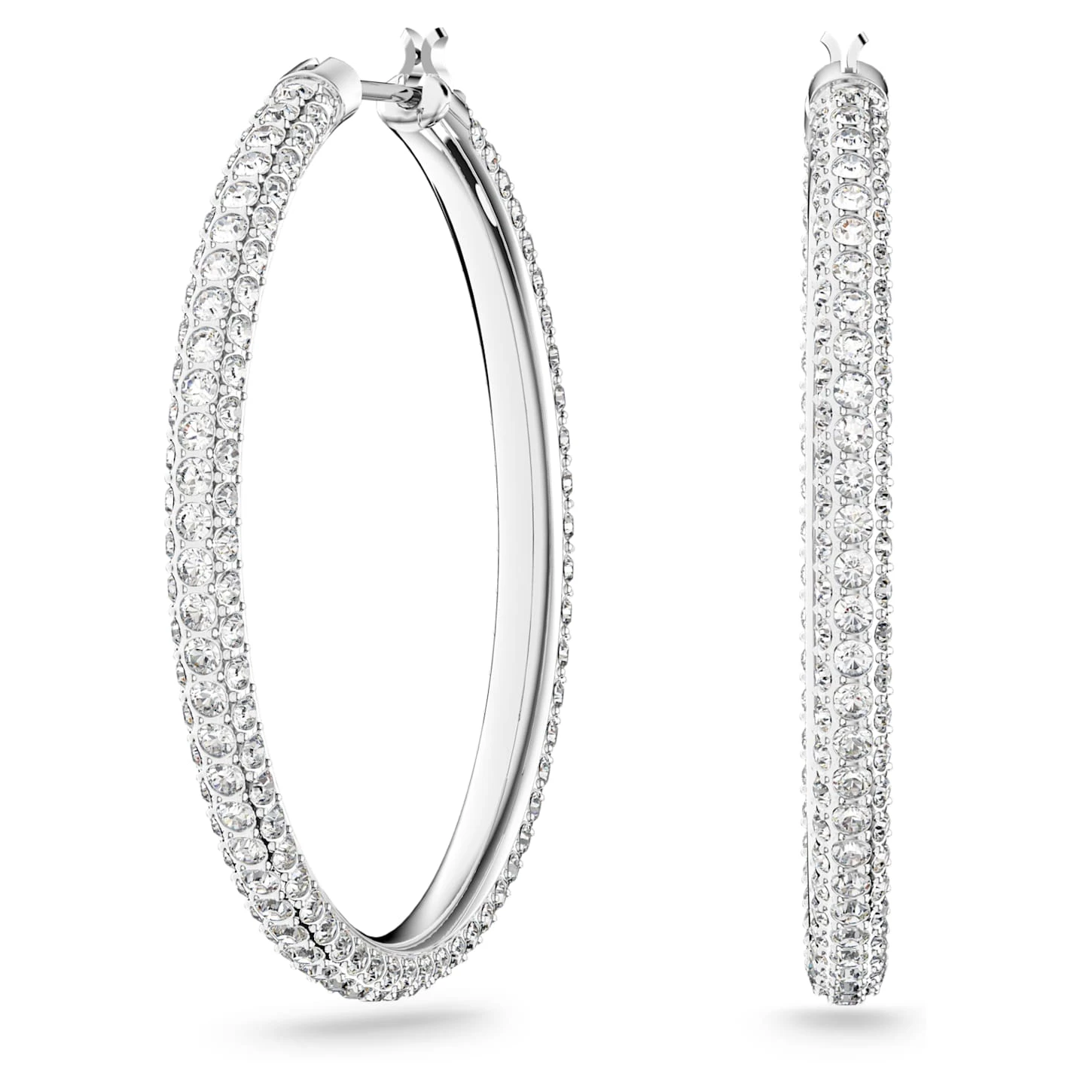 Swarovski Stone Hoop Earrings Pavé, Large, White, Rhodium Plated 4 Swarovski Stone Hoop Earrings Pavé, Large, White, Rhodium Plated - Image 2