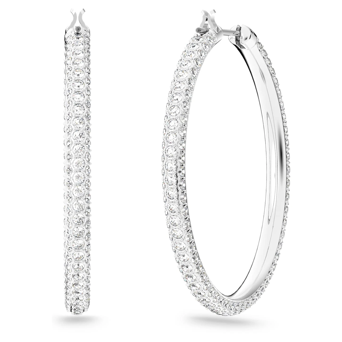 Swarovski Stone Hoop Earrings Pavé, Large, White, Rhodium Plated 7 Swarovski Stone Hoop Earrings Pavé, Large, White, Rhodium Plated - Image 5