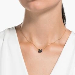 Swarovski Iconic Swan Pendant Swan, Small, Black, Rose Gold-tone Plated