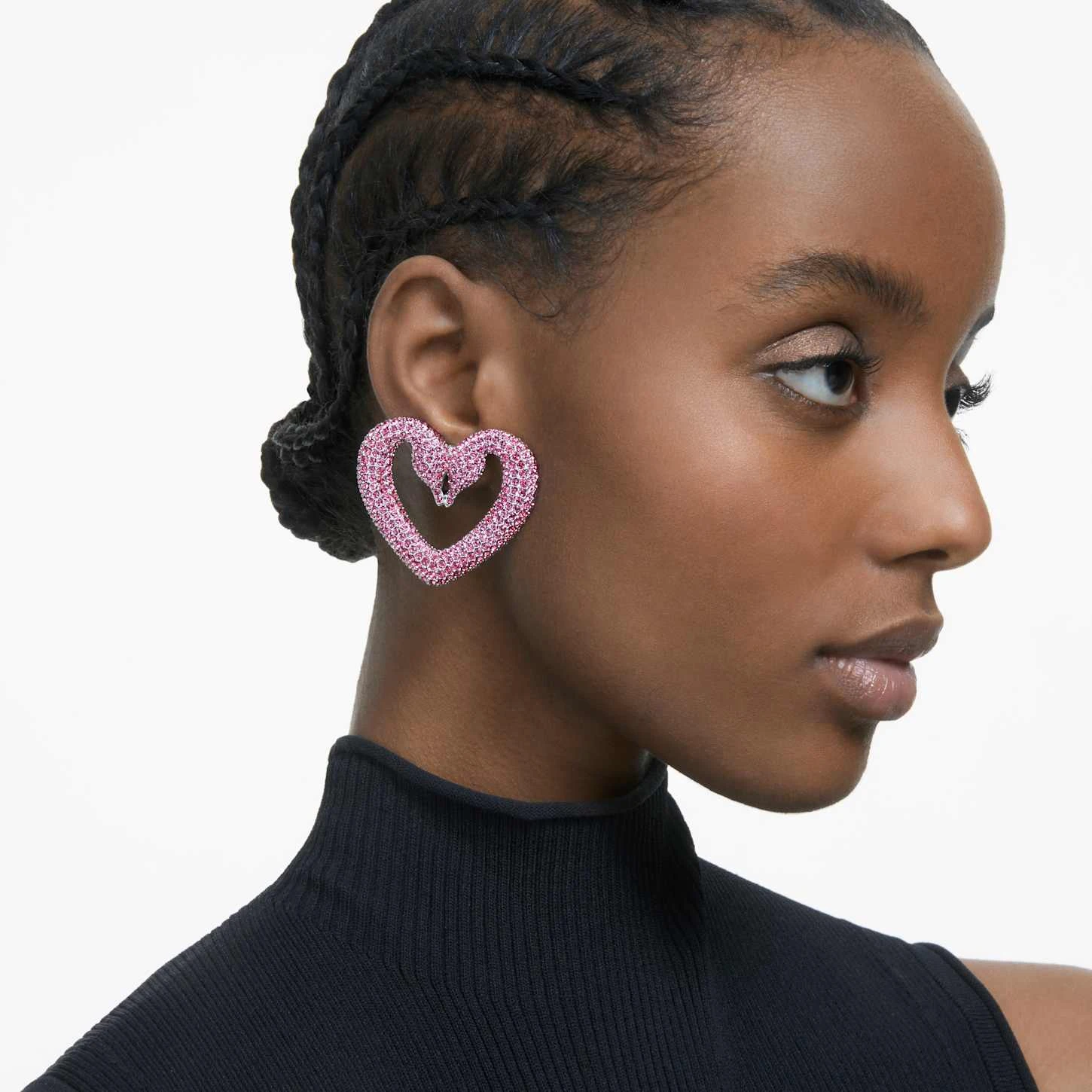 Swarovski Una Clip Earrings Heart, Large, Pink, Rhodium Plated 3 Swarovski Una Clip Earrings Heart, Large, Pink, Rhodium Plated